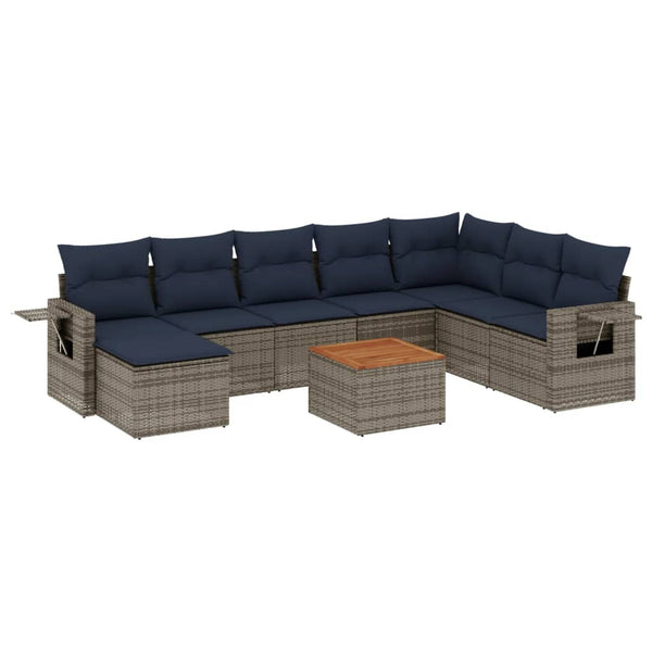 vidaXL 9-piece Garden Sofa Set with Cushions, Grey, Poly Rattan