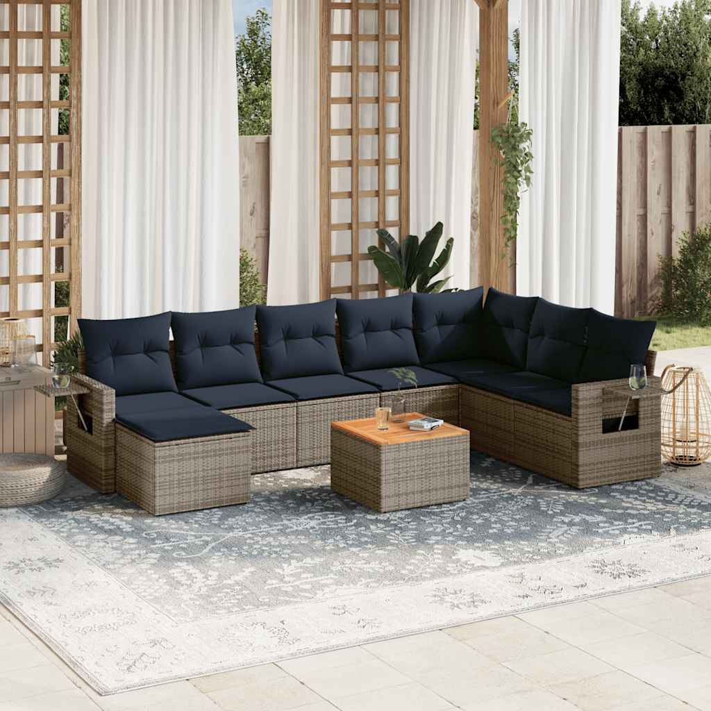 vidaXL 9-piece Garden Sofa Set with Cushions, Grey, Poly Rattan