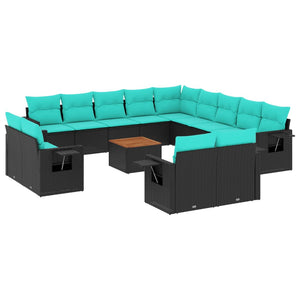 vidaXL 14-Piece Garden Sofa Set with Cushions, Black Poly Rattan