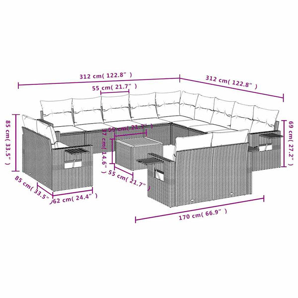vidaXL 14-Piece Garden Sofa Set with Cushions, Black Poly Rattan