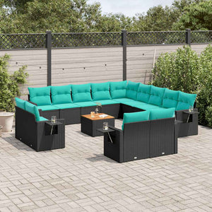 vidaXL 14-Piece Garden Sofa Set with Cushions, Black Poly Rattan