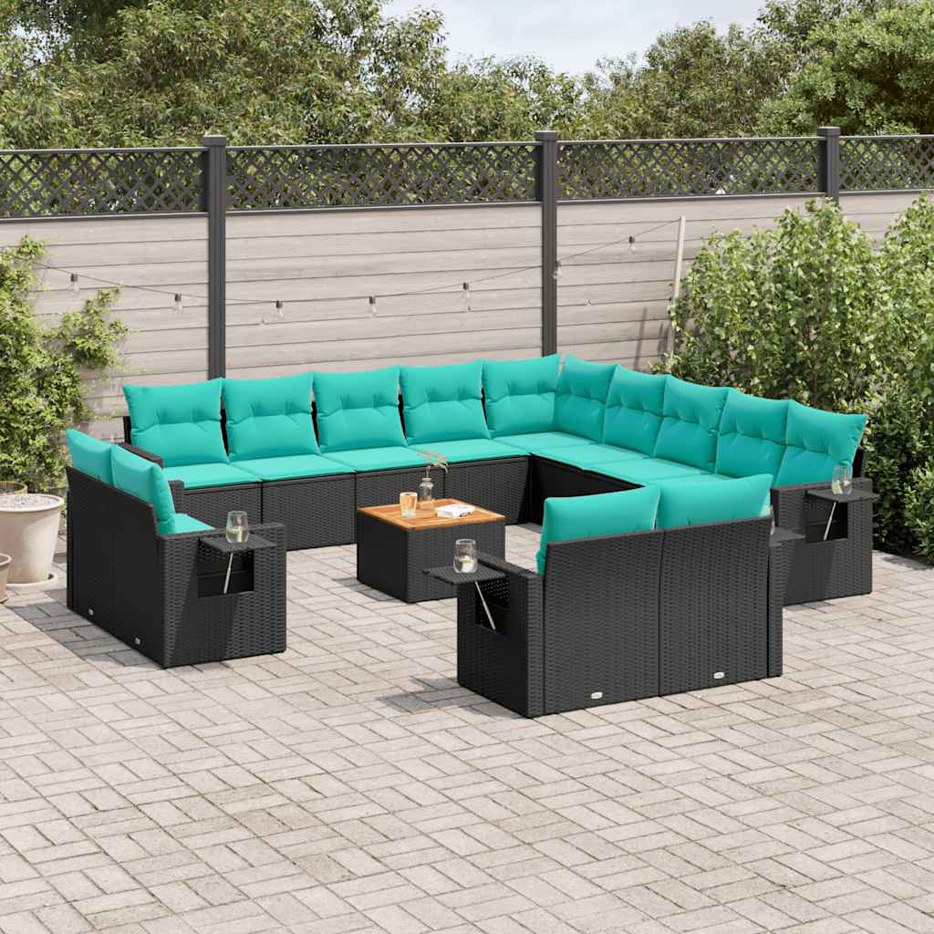 vidaXL 14-Piece Garden Sofa Set with Cushions, Black Poly Rattan