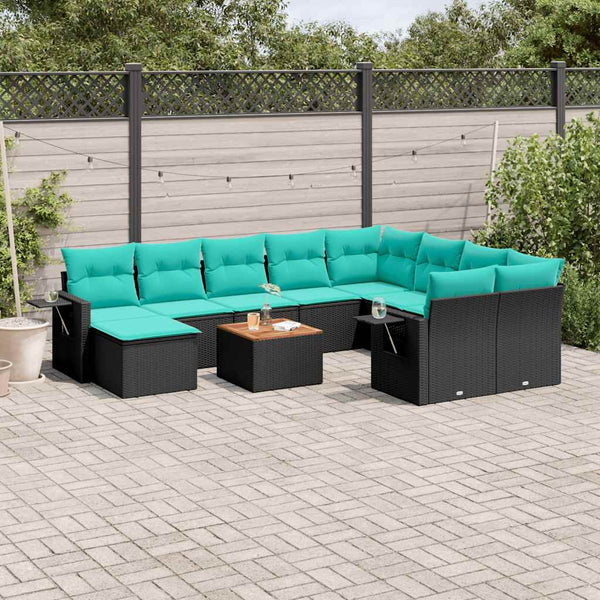 vidaXL 11-Piece Garden Sofa Set with Cushions, Black Poly Rattan