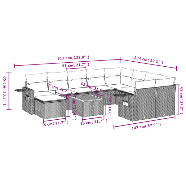 vidaXL 11-Piece Garden Sofa Set with Cushions Grey Poly Rattan