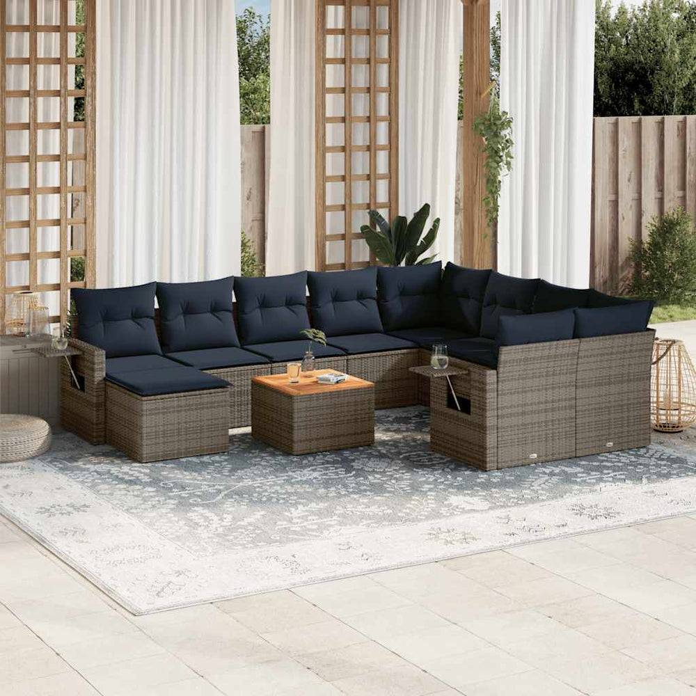 vidaXL 11-Piece Garden Sofa Set with Cushions, Grey, Poly Rattan