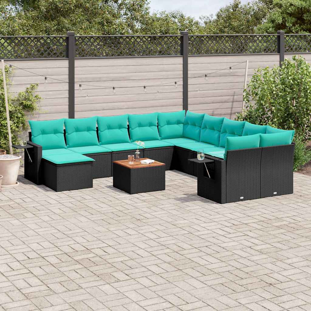 vidaXL 12-Piece Garden Sofa Set with Cushions, Black Poly Rattan