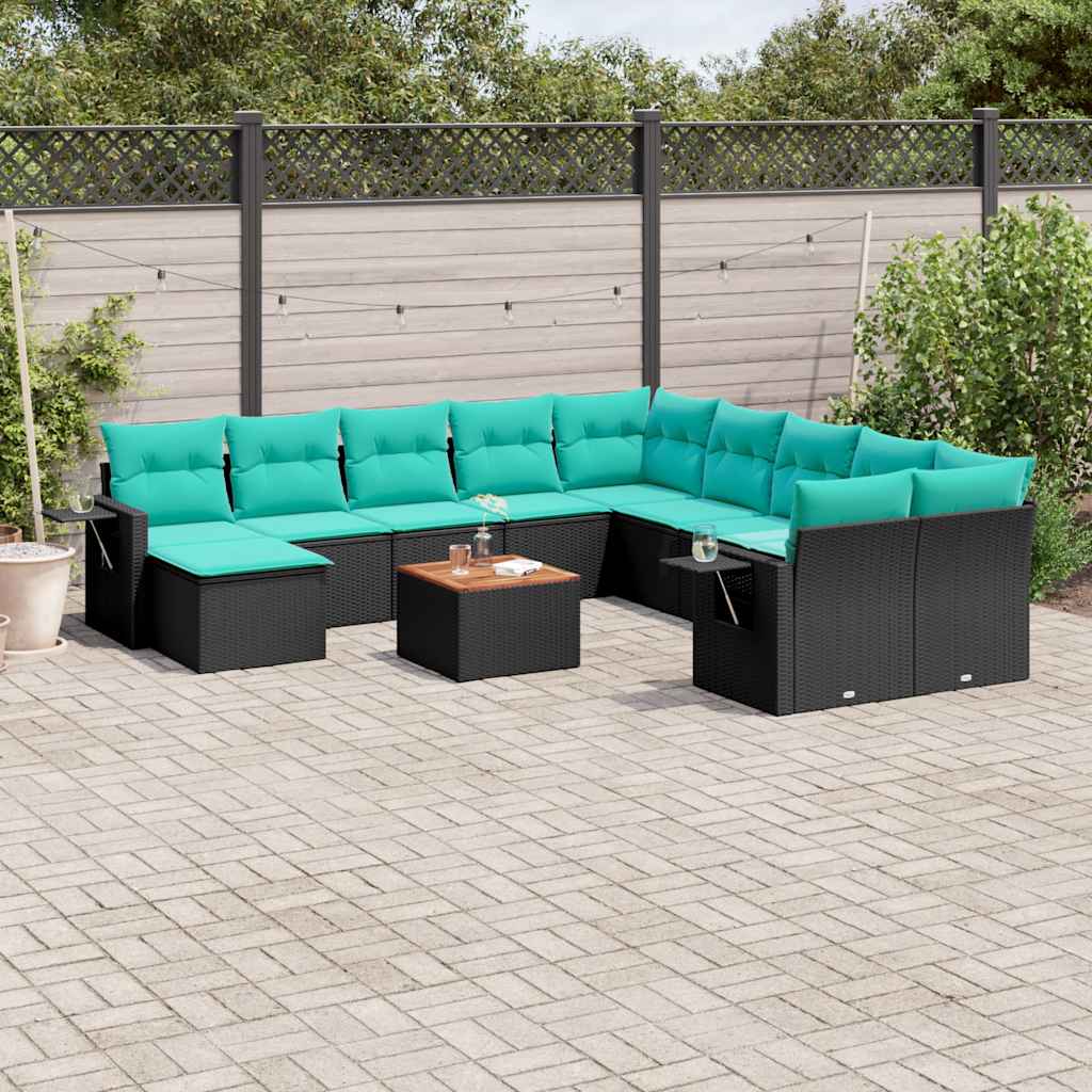 vidaXL 12-Piece Garden Sofa Set with Cushions, Black Poly Rattan