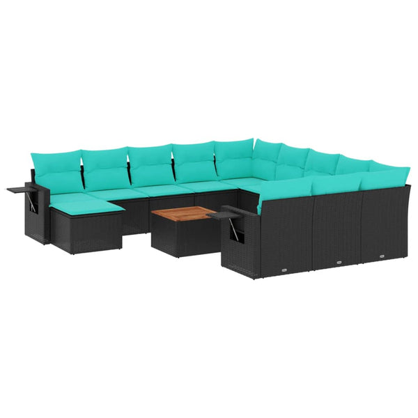 vidaXL 13-Piece Garden Sofa Set with Cushions, Black Poly Rattan