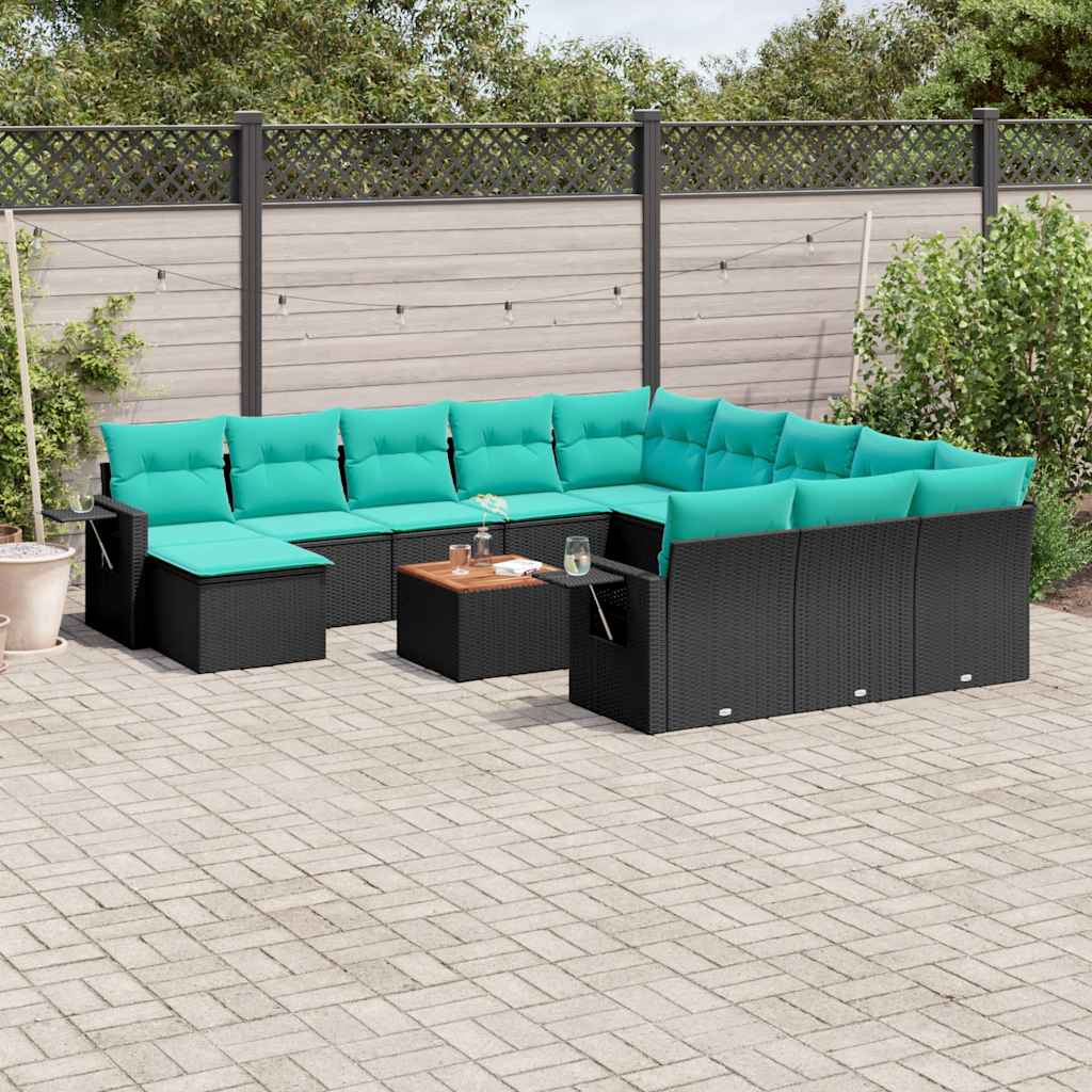 vidaXL 13-Piece Garden Sofa Set with Cushions, Black Poly Rattan