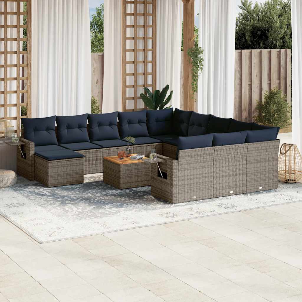 vidaXL 13-Piece Garden Sofa Set with Cushions, Grey, Poly Rattan