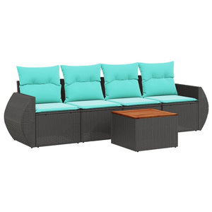 vidaXL 5-Piece Garden Sofa Set with Cushions, Black Poly Rattan