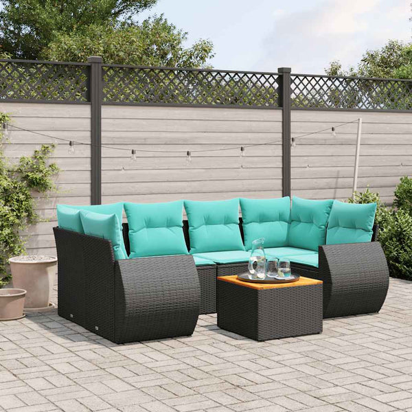 vidaXL 7-Piece Garden Sofa Set with Cushions, Black Poly Rattan