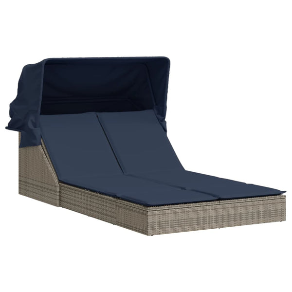 vidaXL Double Sun Lounger with Canopy and Cushions, Gray, Poly Rattan