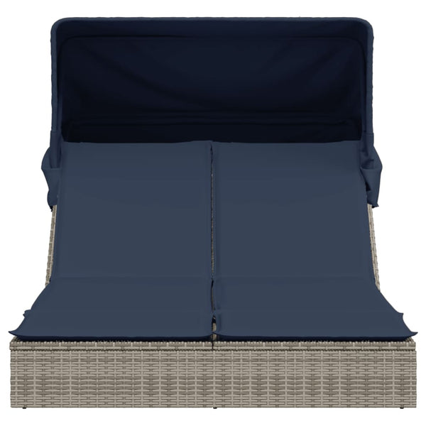 vidaXL Double Sun Lounger with Canopy and Cushions, Gray, Poly Rattan