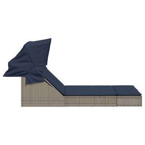 vidaXL Double Sun Lounger with Canopy and Cushions, Gray, Poly Rattan