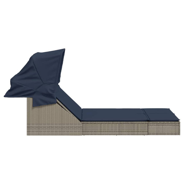 vidaXL Double Sun Lounger with Canopy and Cushions, Gray, Poly Rattan