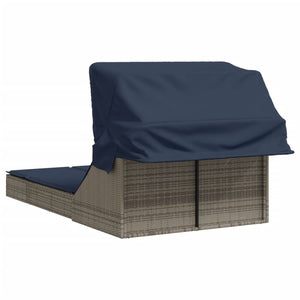 vidaXL Double Sun Lounger with Canopy and Cushions, Gray, Poly Rattan