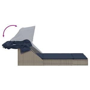 vidaXL Double Sun Lounger with Canopy and Cushions, Gray, Poly Rattan