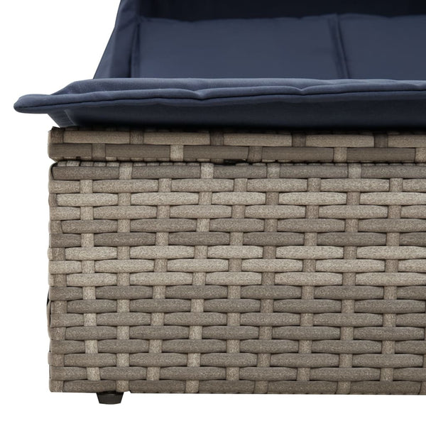 vidaXL Double Sun Lounger with Canopy and Cushions, Gray, Poly Rattan