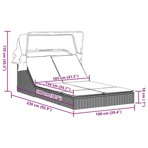 vidaXL Double Sun Lounger with Canopy and Cushions, Gray, Poly Rattan