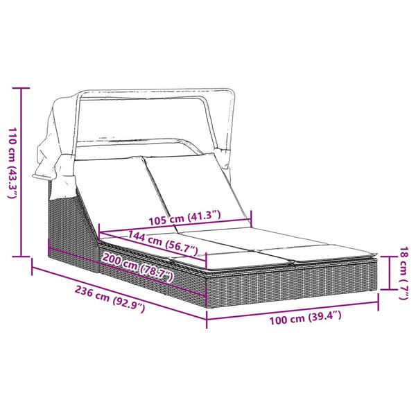 vidaXL Double Sun Lounger with Canopy and Cushions, Gray, Poly Rattan