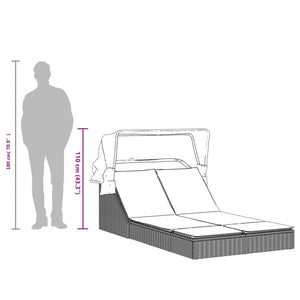 vidaXL Double Sun Lounger with Canopy and Cushions, Gray, Poly Rattan