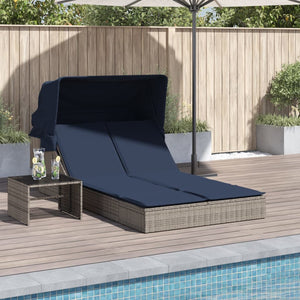 vidaXL Double Sun Lounger with Canopy and Cushions, Gray, Poly Rattan