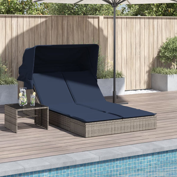 vidaXL Double Sun Lounger with Canopy and Cushions, Gray, Poly Rattan