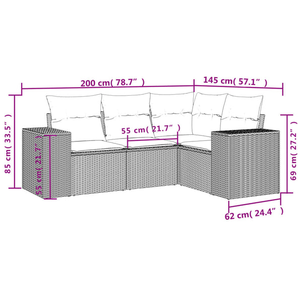 vidaXL 4-Piece Garden Sofa Set with Cushions, Brown, Poly Rattan