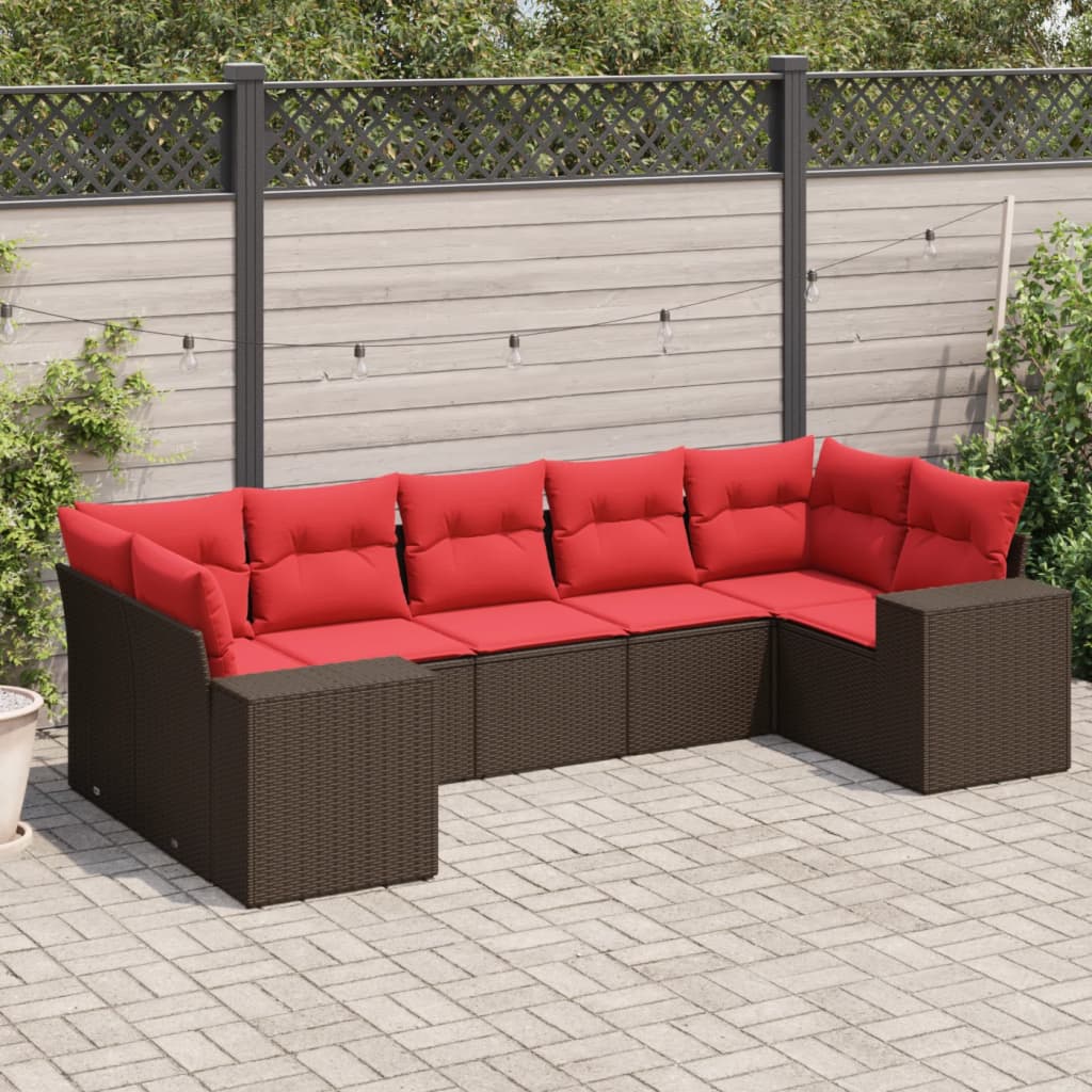 vidaXL 7-Piece Garden Sofa Set with Cushions, Brown, Poly Rattan