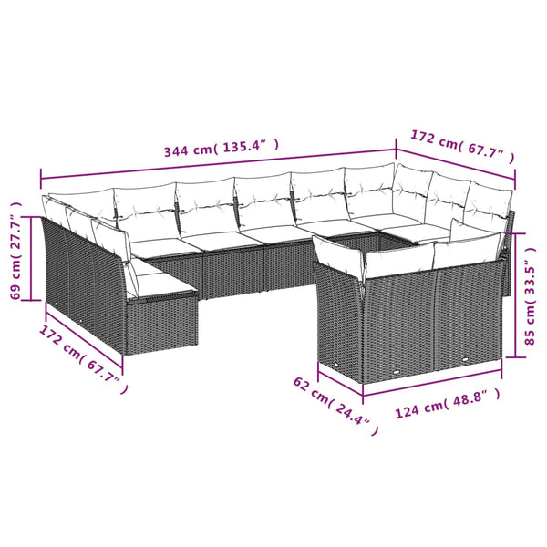 vidaXL 12-Piece Garden Sofa Set with Cushions, Brown, Poly Rattan