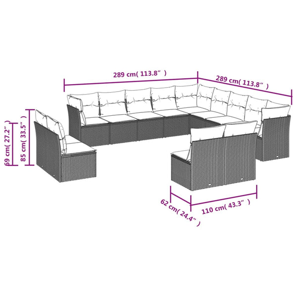 vidaXL 13-Piece Garden Sofa Set with Cushions, Brown, Poly Rattan