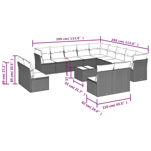 vidaXL 14-Piece Garden Sofa Set with Cushions, Brown, Poly Rattan