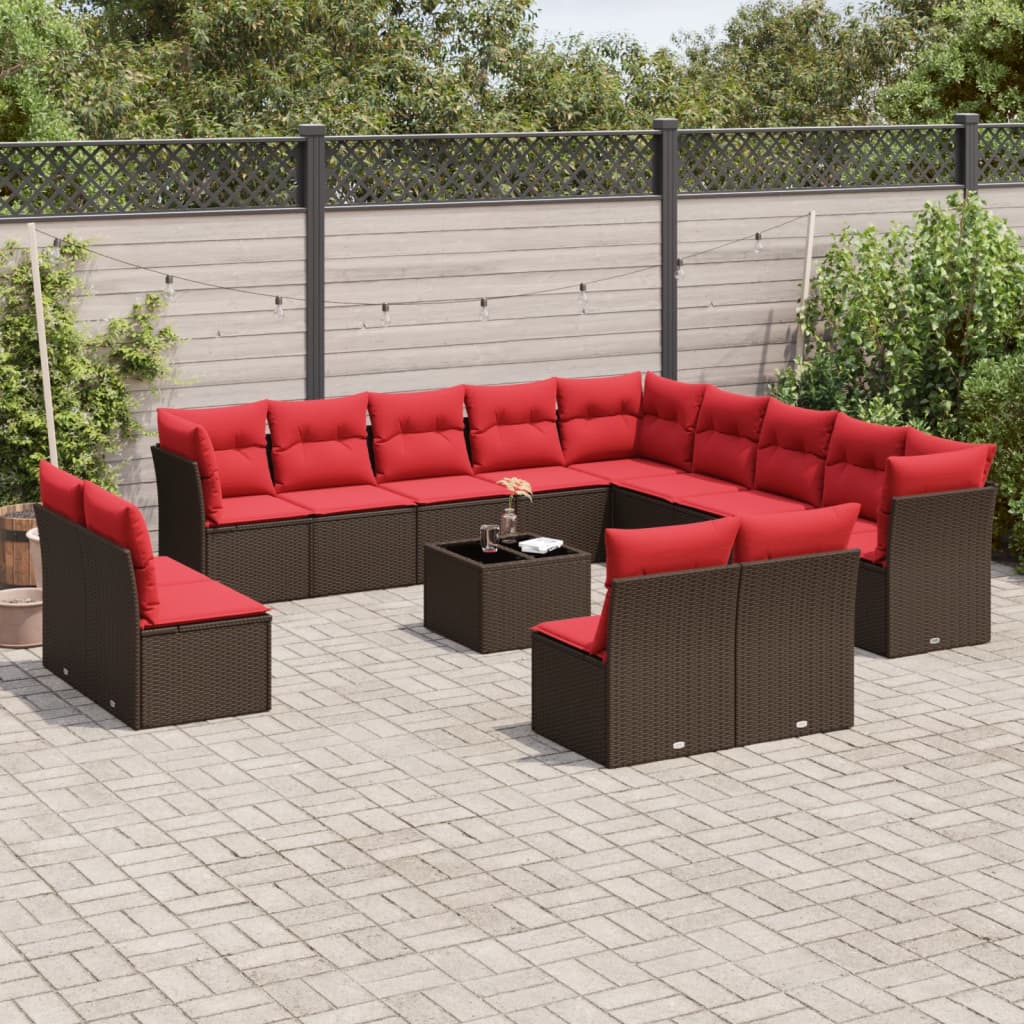 vidaXL 14-Piece Garden Sofa Set with Cushions, Brown, Poly Rattan