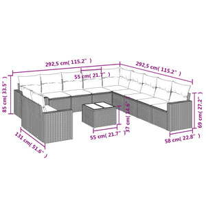 vidaXL 12-Piece Garden Sofa Set with Cushions Brown Poly Rattan