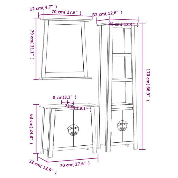 vidaXL 3-Piece Solid Pine Bathroom Furniture Set