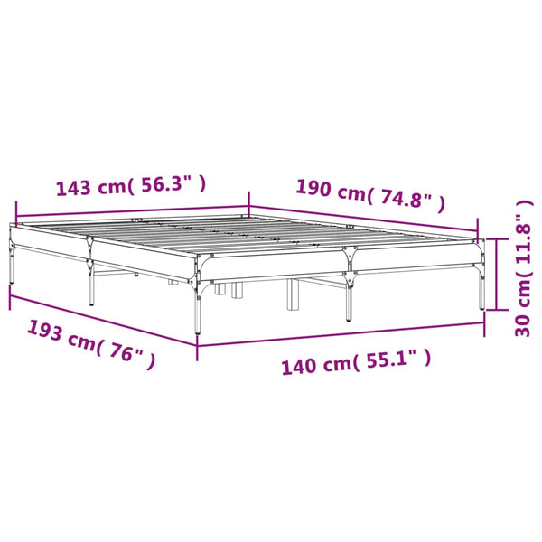 vidaXL Bed Frame Grey Sonoma 140x190 cm Engineered Wood and Metal