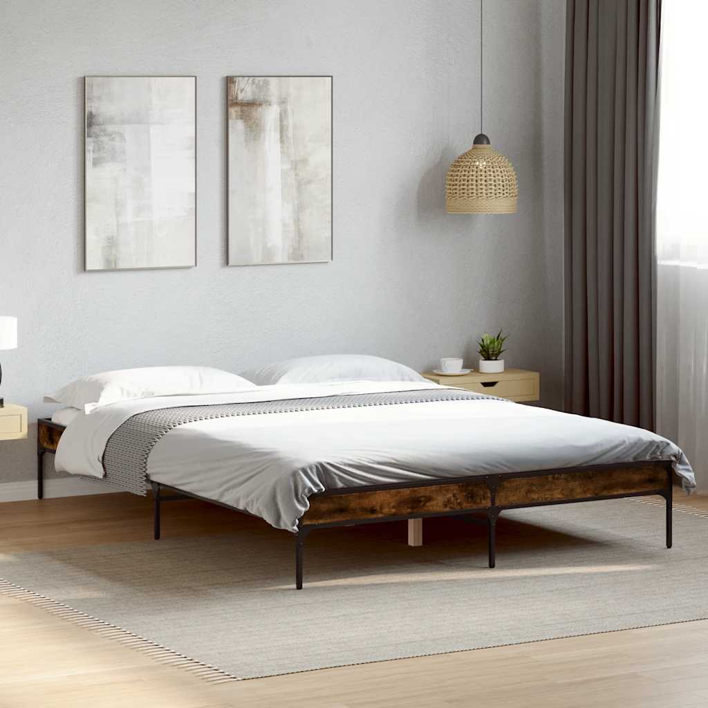 vidaXL Bed Frame Smoked Oak 135x190 cm Engineered Wood and Metal