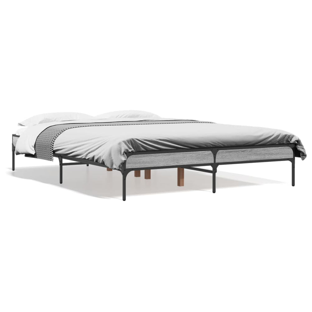 vidaXL Bed Frame Grey Sonoma 135x190 cm Engineered Wood and Metal