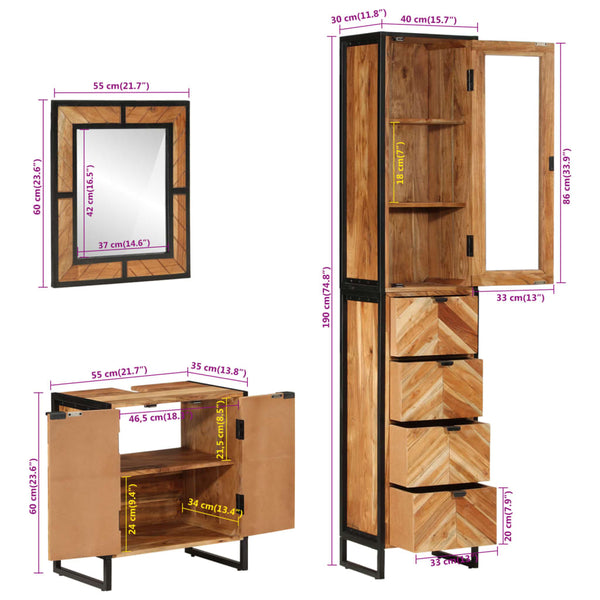 vidaXL 3-Piece Bathroom Furniture Set Iron and Solid Acacia Wood