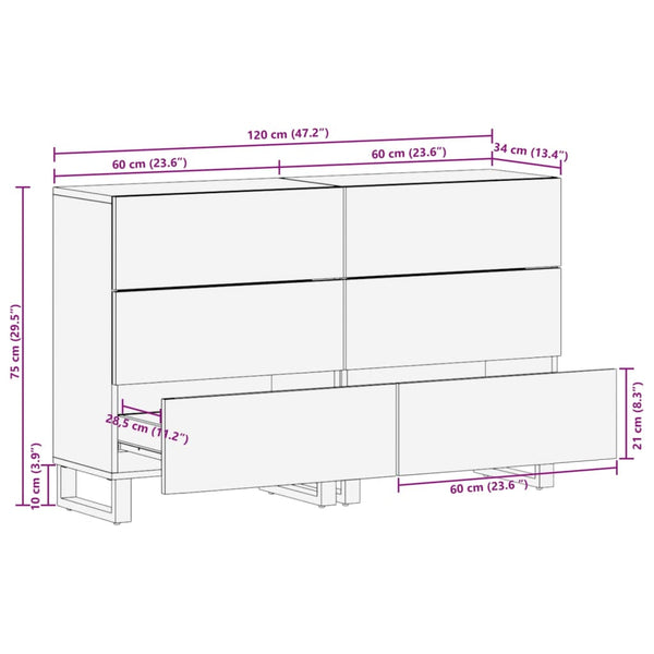 vidaXL Sideboard 2 pcs. 60x34x75 cm Solid Mango Wood