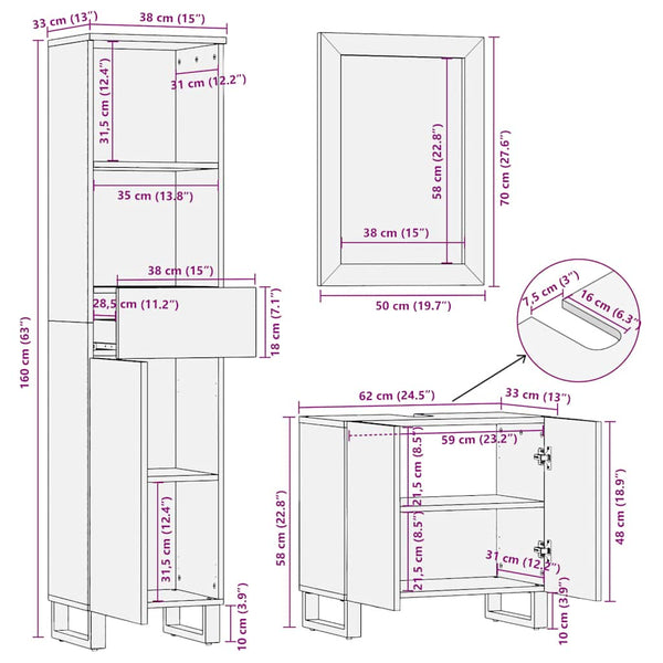 vidaXL 3-Piece Bathroom Furniture Set Rough Mango Wood