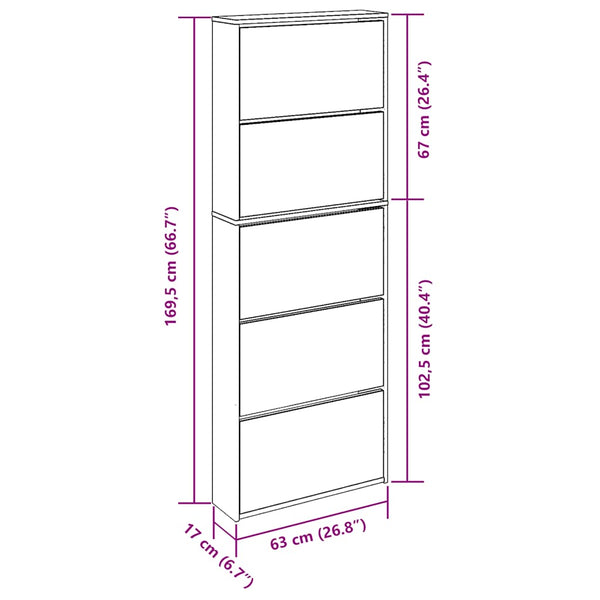 vidaXL Shoe Cabinet with Mirror 5 Compartments Smoked Oak 63x17x169.5 cm