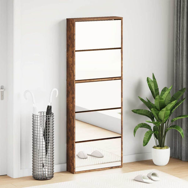 vidaXL Shoe Cabinet with Mirror 5 Compartments Smoked Oak 63x17x169.5 cm