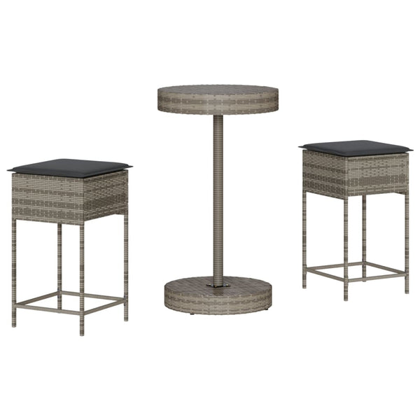 vidaXL 3-Piece Garden Bar Set with Cushions Grey Poly Rattan