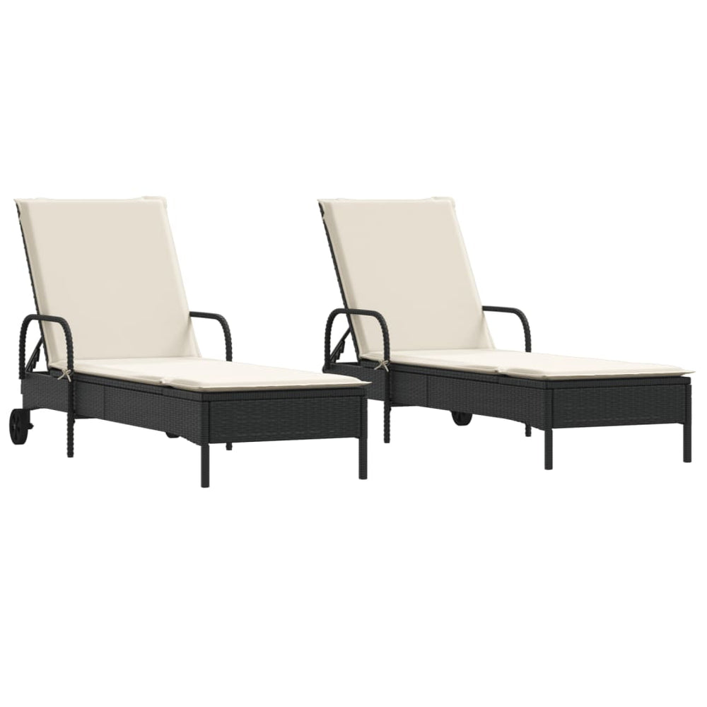 vidaXL Sun Loungers with Cushions 2 pcs Black Poly Rattan