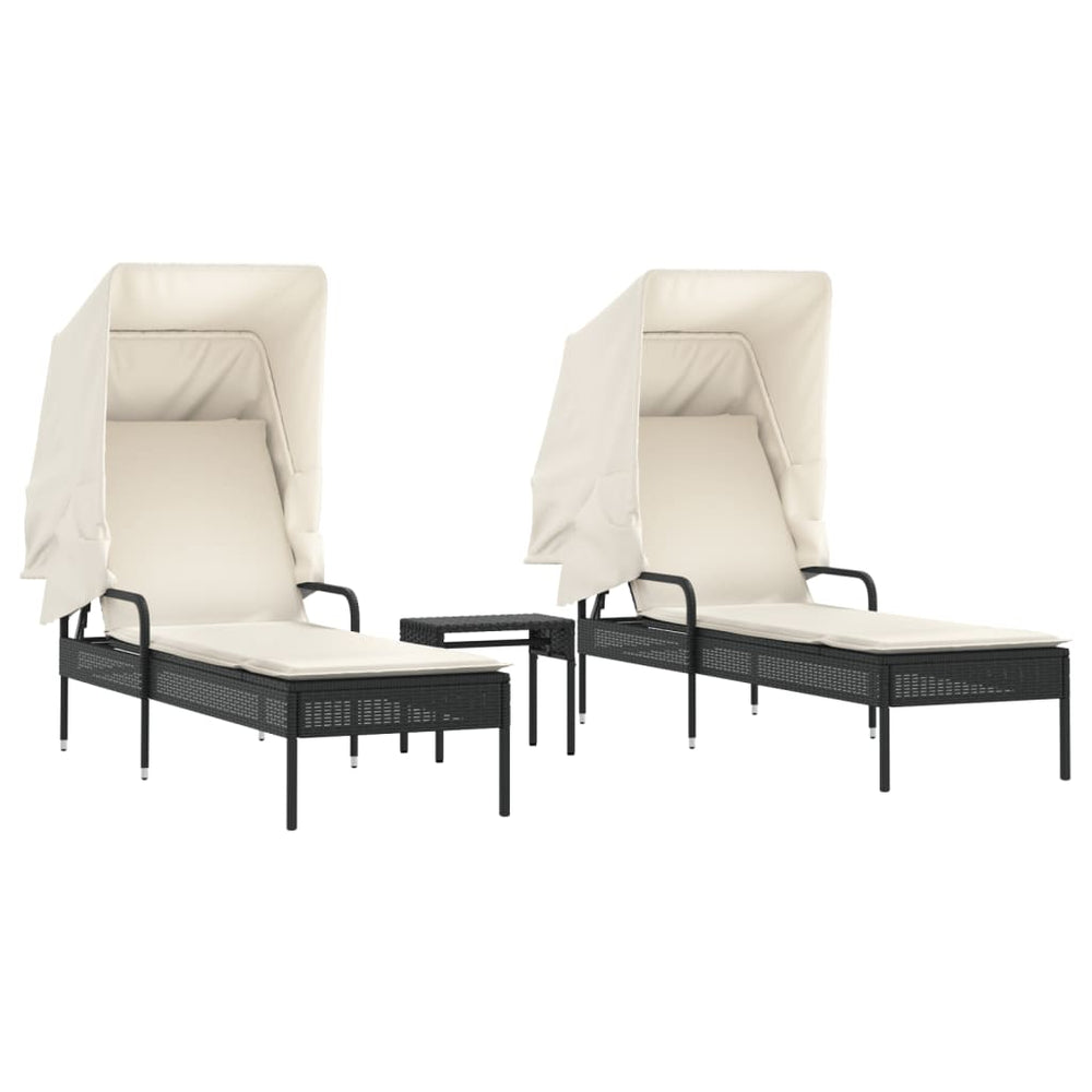 vidaXL Sun Loungers 2 pcs. with Roof and Table Black Poly Rattan