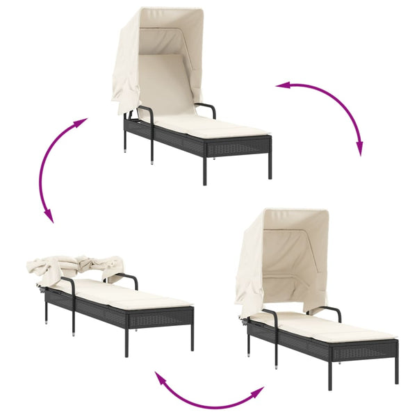 vidaXL Sun Loungers 2 pcs. with Roof and Table Black Poly Rattan