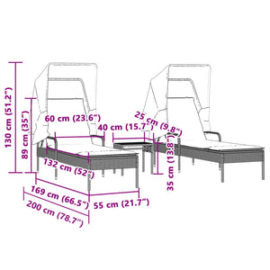 vidaXL Sun Loungers 2 pcs. with Roof and Table Black Poly Rattan