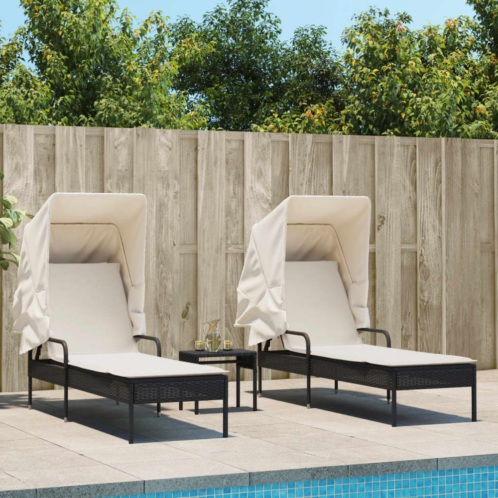 vidaXL Sun Loungers 2 pcs. with Roof and Table Black Poly Rattan